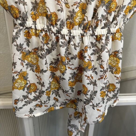 MAX STUDIO Yellow Floral Peplum Blouse Tie Waist Flutter Sleeve Womens S - Picture 12 of 13